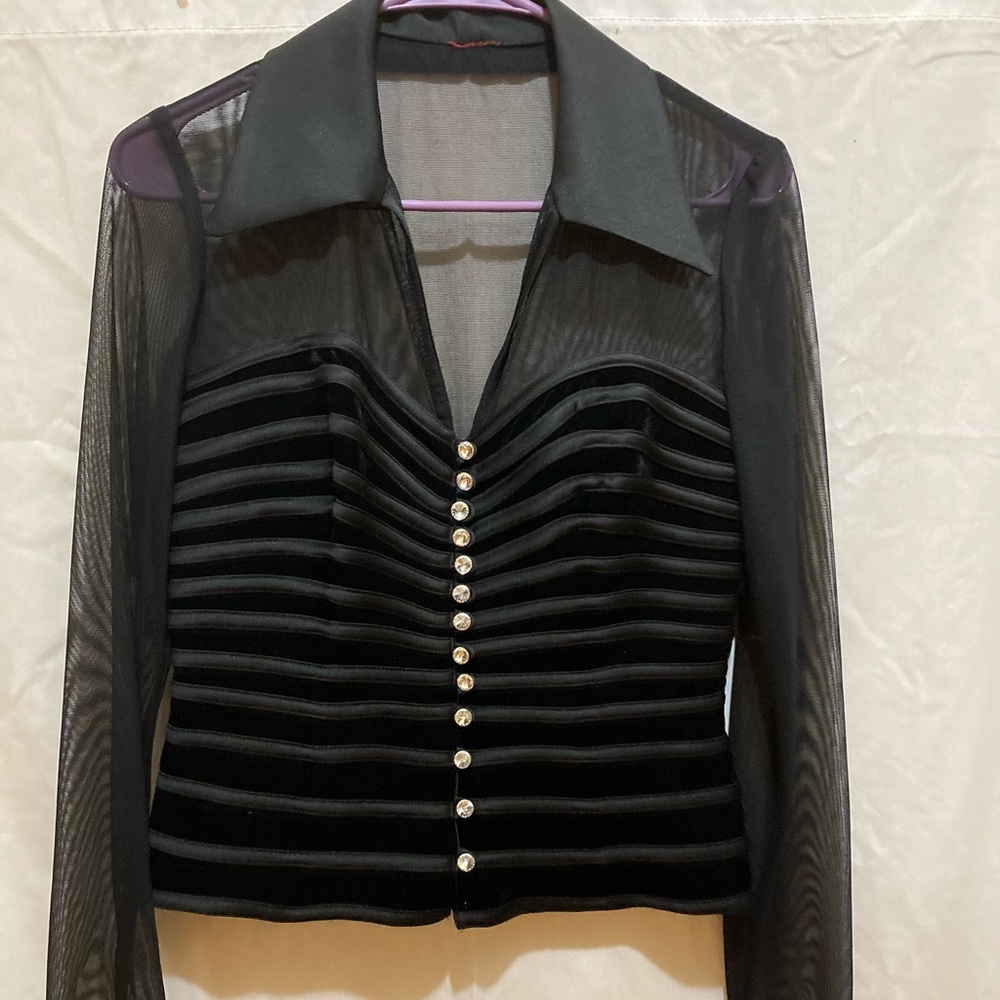 New JS Collections black collar sheer button down long sleeve  size small